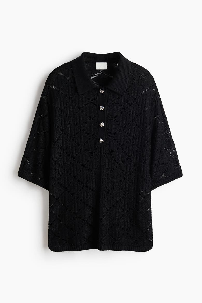 Crochet-look Polo Shirt, Alternate, color, Black