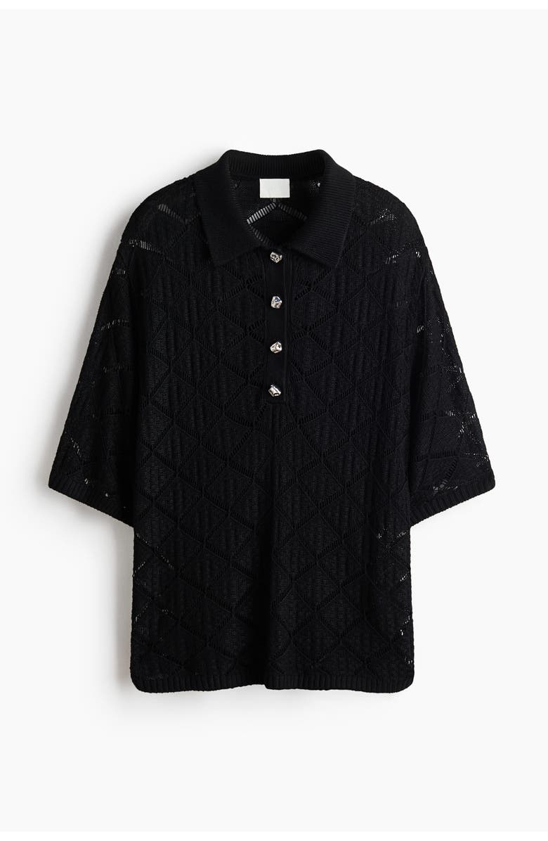 H&M Crochet-look Polo Shirt, Main, color, Black