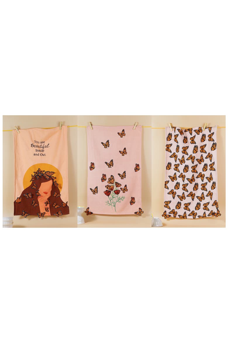 The Monarchs Garden Set of 3 Kitchen Towels, Alternate, color, PINK