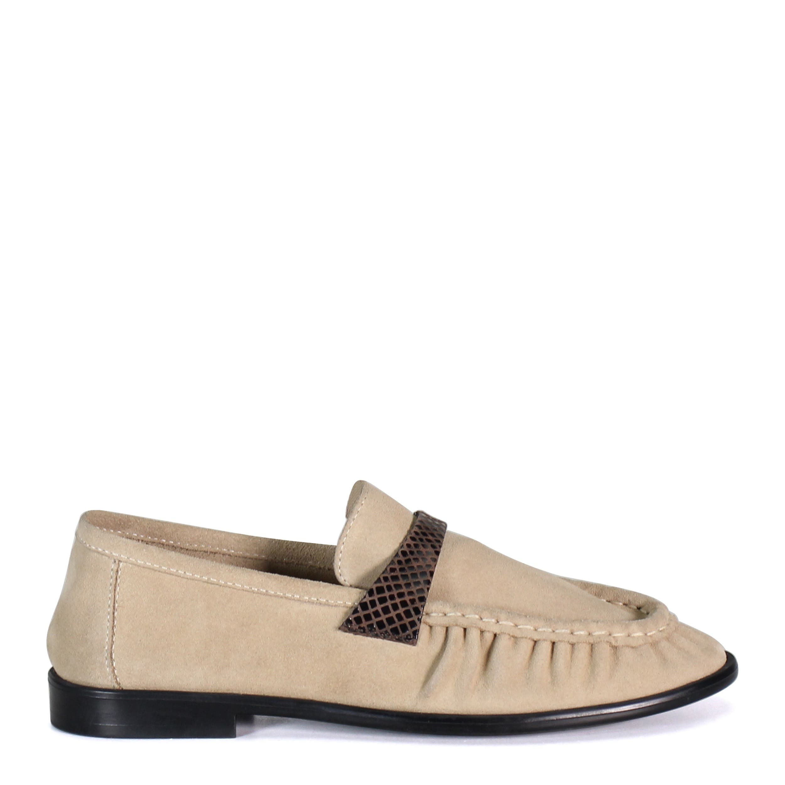 KNOT LESS Sleek Suede Penny Loafer, Alternate, color, Beige/Chocolate