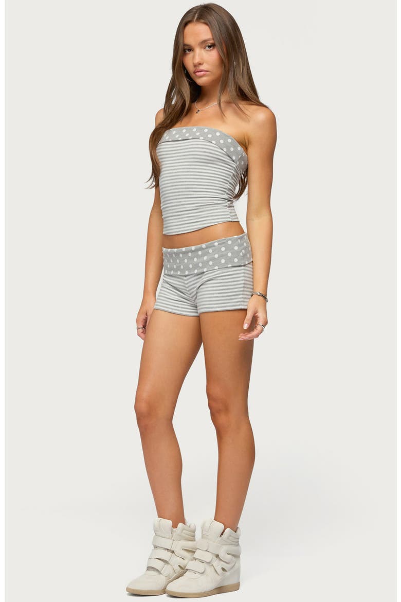 Presley Stripe & Polka Dot Foldover Shorts, Alternate, color, LIGHT-GRAY-MELANGE-AND-WHITE