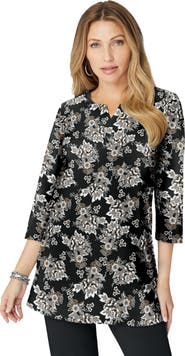 Roaman's Plus Size Three Quarter Sleeve Notch Neck Soft Knit Tunic