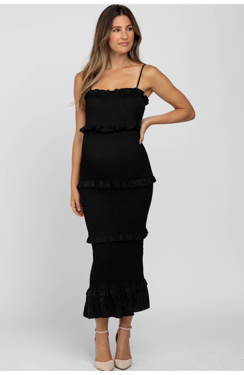 PinkBlush Satin Smocked Fitted Maxi Dress, Alternate, color, Black