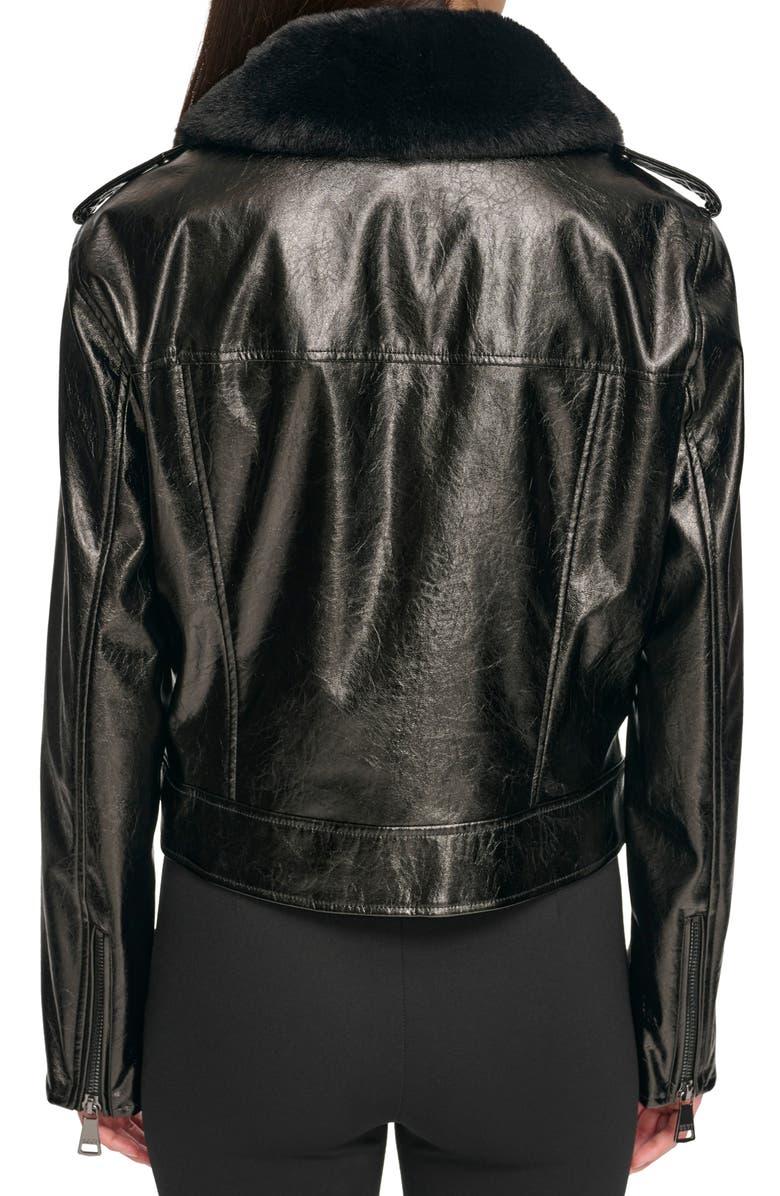DKNY Crackle Faux Leather Moto Jacket with Faux Fur Collar, Alternate, color,