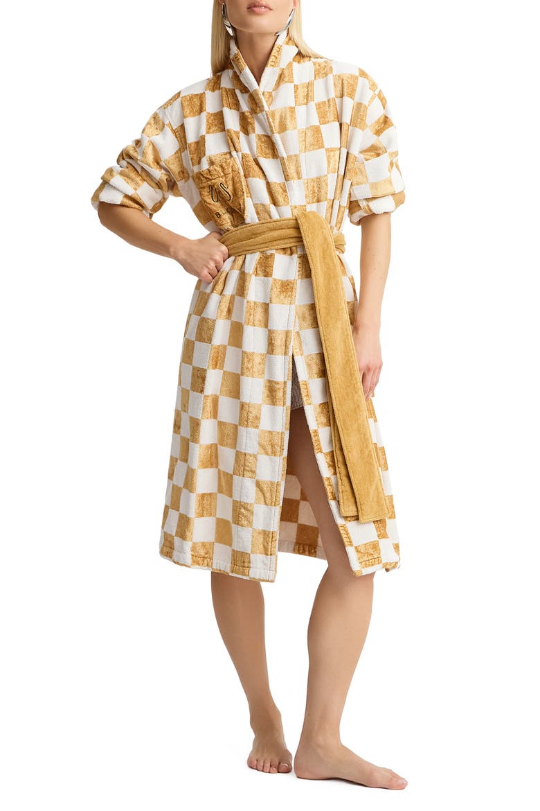 Checkerboard Gold White Bath Robe, Main, color, Gold & White