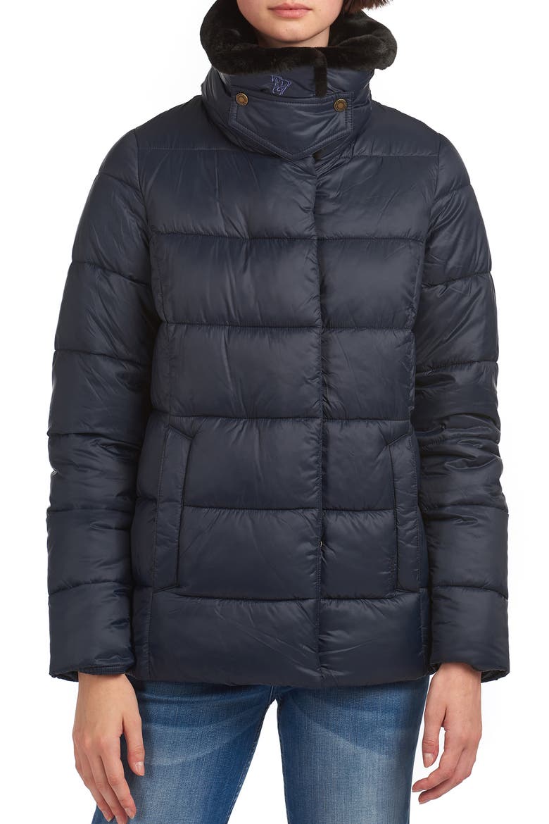 Mullein Faux Fur Trim Quilted Jacket, Main, color, DK NAVY