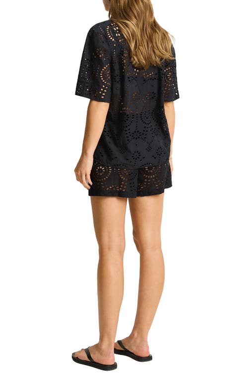 Sea Level Ibiza Cotton Eyelet Cover-up Bowling Shirt In Black
