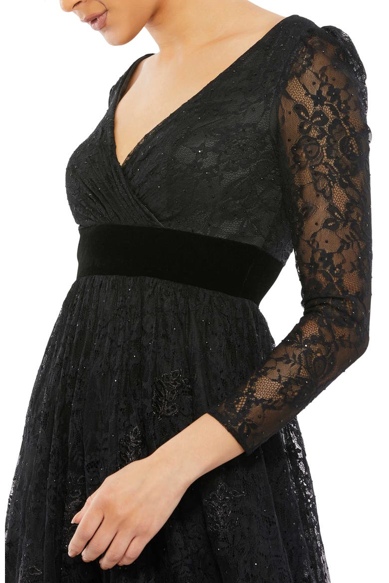 Lace Long Sleeve Wrap Over Velvet Waistband A Line, Alternate, color, Black