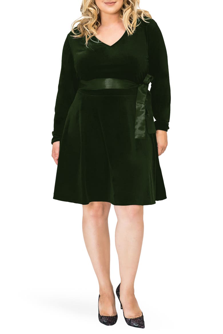 Millie V-Neck Stretch Velvet Fit & Flare Dress, Main, color, GREEN