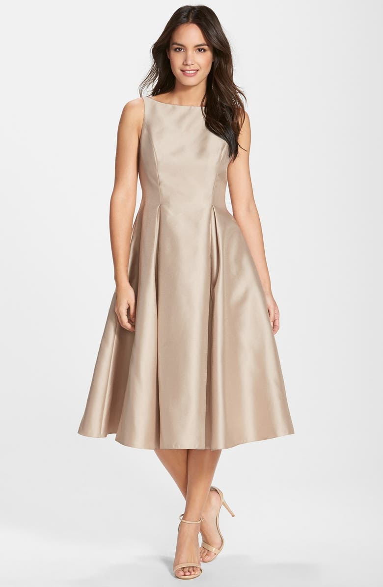 Adrianna Papell Sleeveless Mikado Fit & Flare Midi Dress, Main, color, Champagne