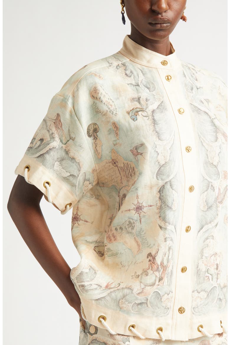 Rebellion Rope Trim Linen Button-Up Shirt, Alternate, color, TREASURE MAP