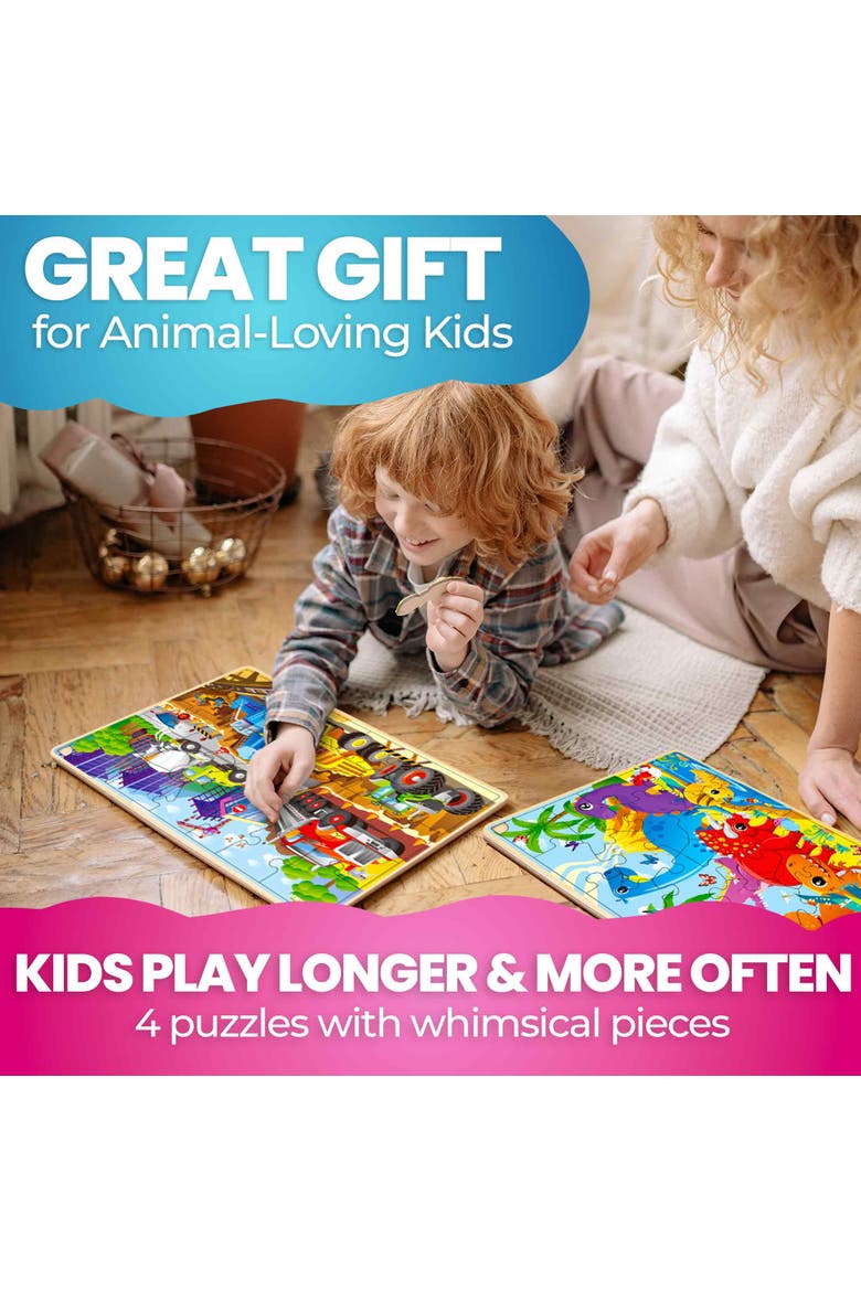 Kids Wooden Puzzle Set - 24, 36 & 48 Piece Montessori Jigsaw Puzzles, Alternate, color, Polar, Space, Cars, Dinosaurs