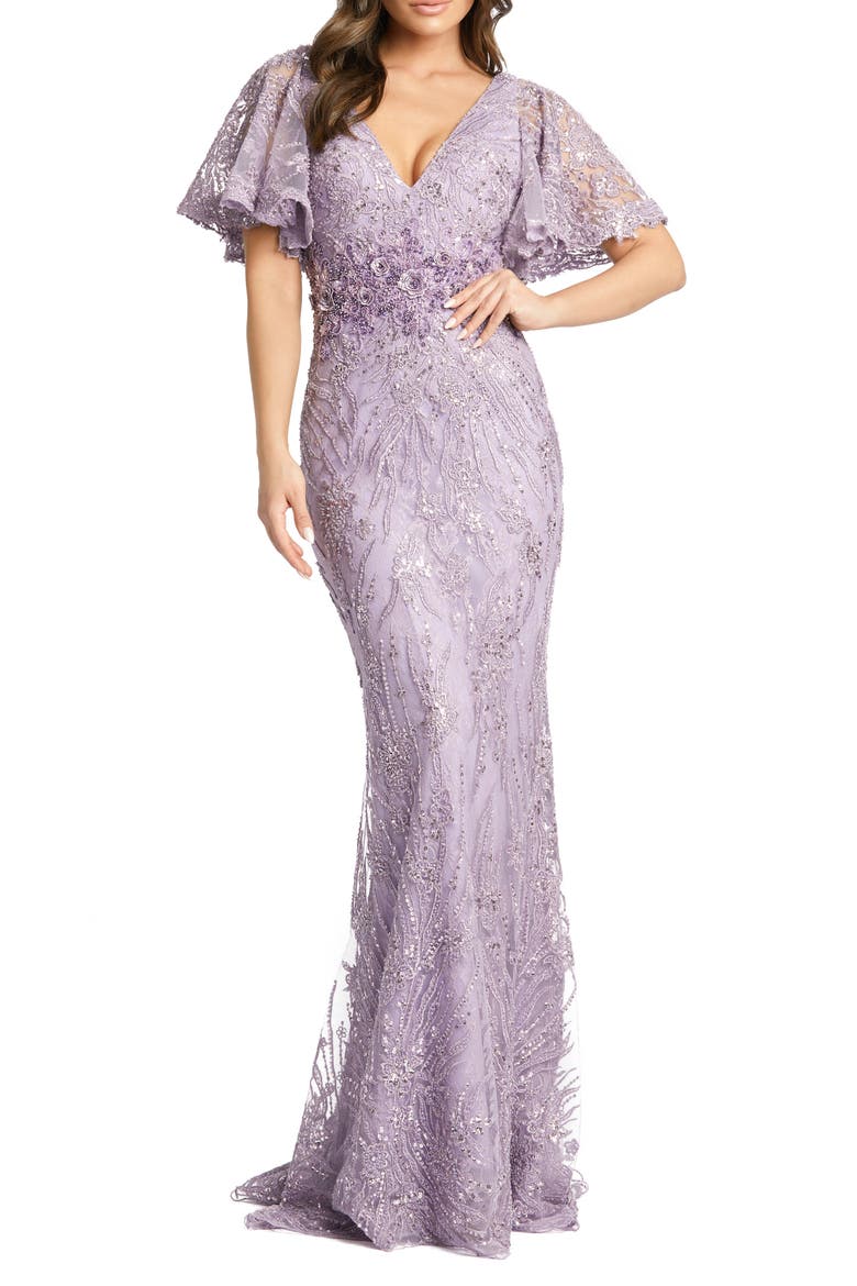 Sequin Butterfly Sleeve Lace Gown, Main, color, VINTAGE LILAC