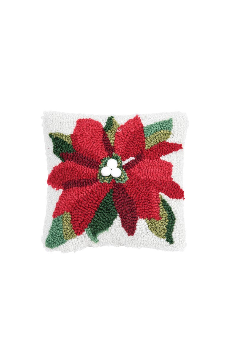 Poinsettia Christmas Hooked Mini Accent Pillow 8" x 8", Main, color, Green