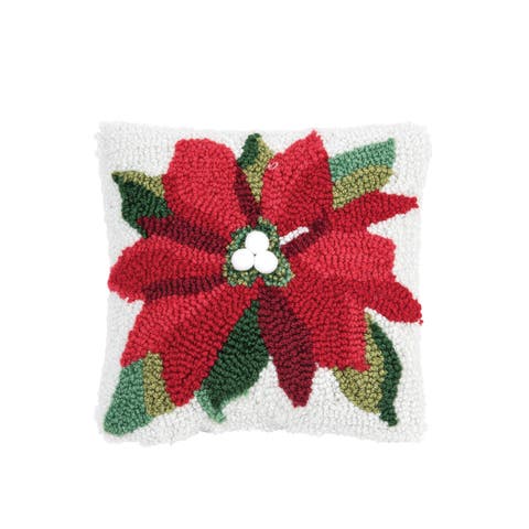 Poinsettia Christmas Hooked Mini Accent Pillow 8" x 8"