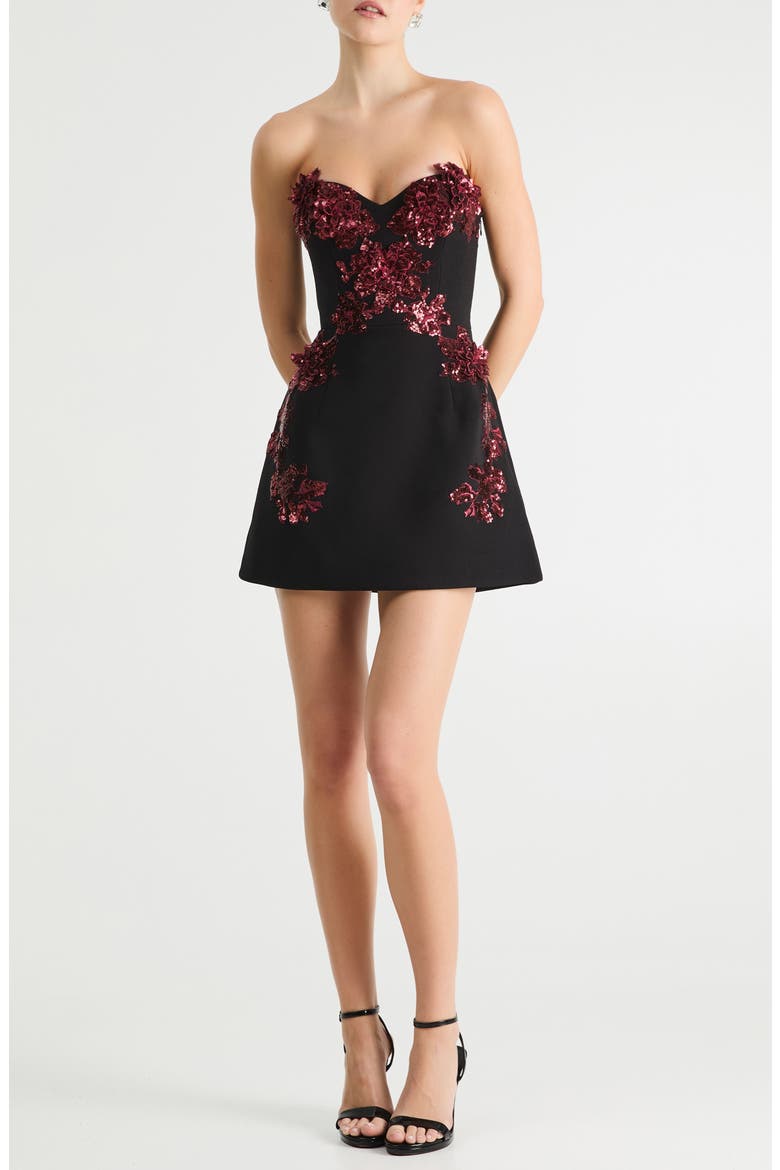 Simone Floral Appliqué Strapless Cocktail Dress, Main, color, BLACK/ MERLOT