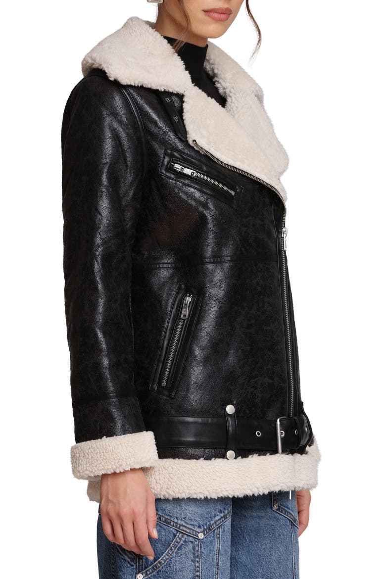Faux Leather Biker Jacket with Faux Shearling Collar, Alternate, color, BLACK-CREAM