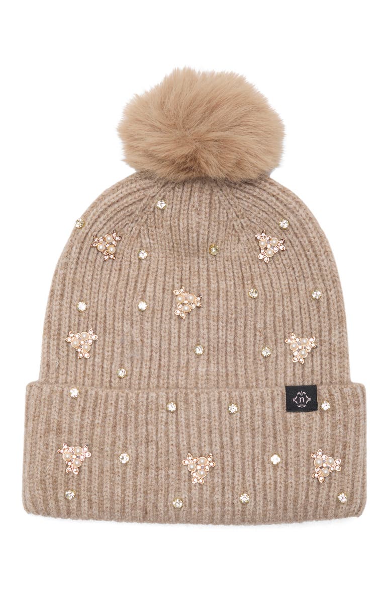 Mixed Metallic Pom Beanie, Main, color, TAUPE