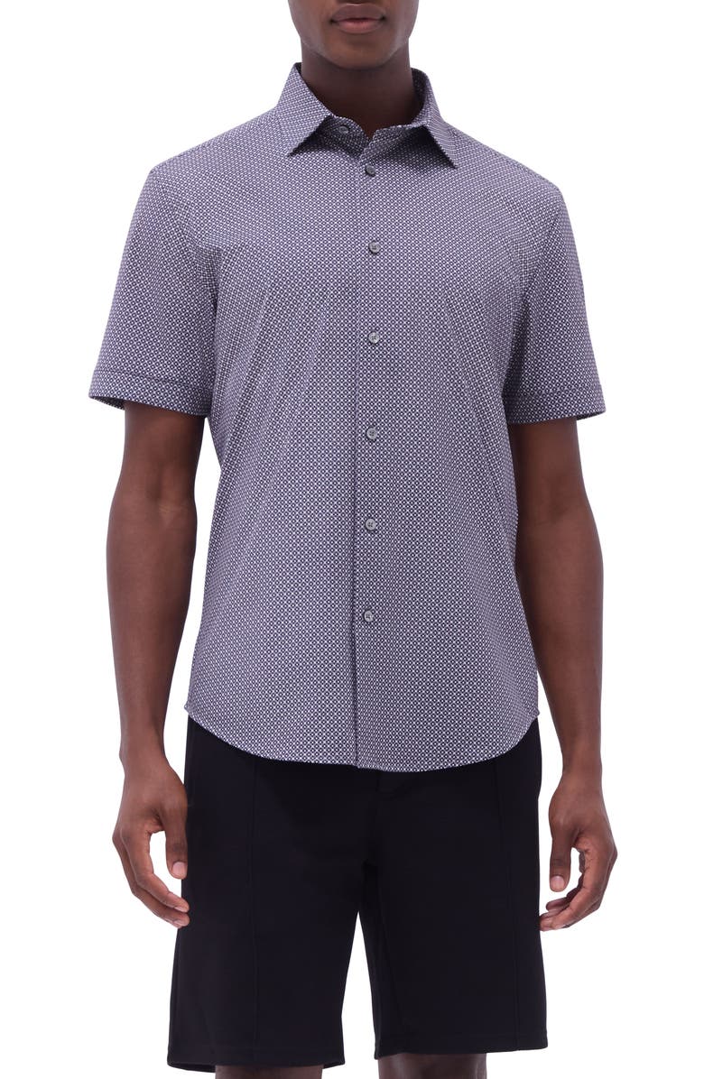 Bugatchi Miles OoohCotton<sup>®</sup> Geometric Print Short Sleeve Button-Up Shirt, Main, color, Black