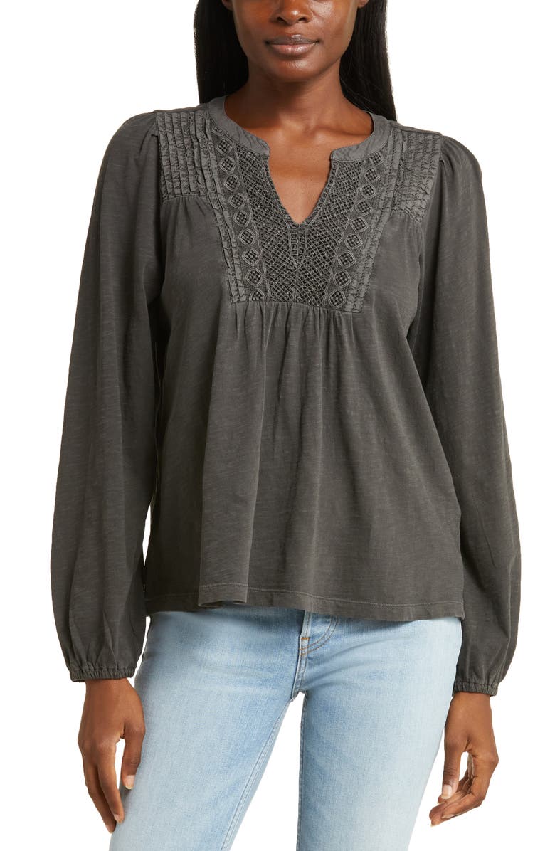 Lucky Brand Lace Pintuck Yoke Cotton Peasant Top, Main, color,