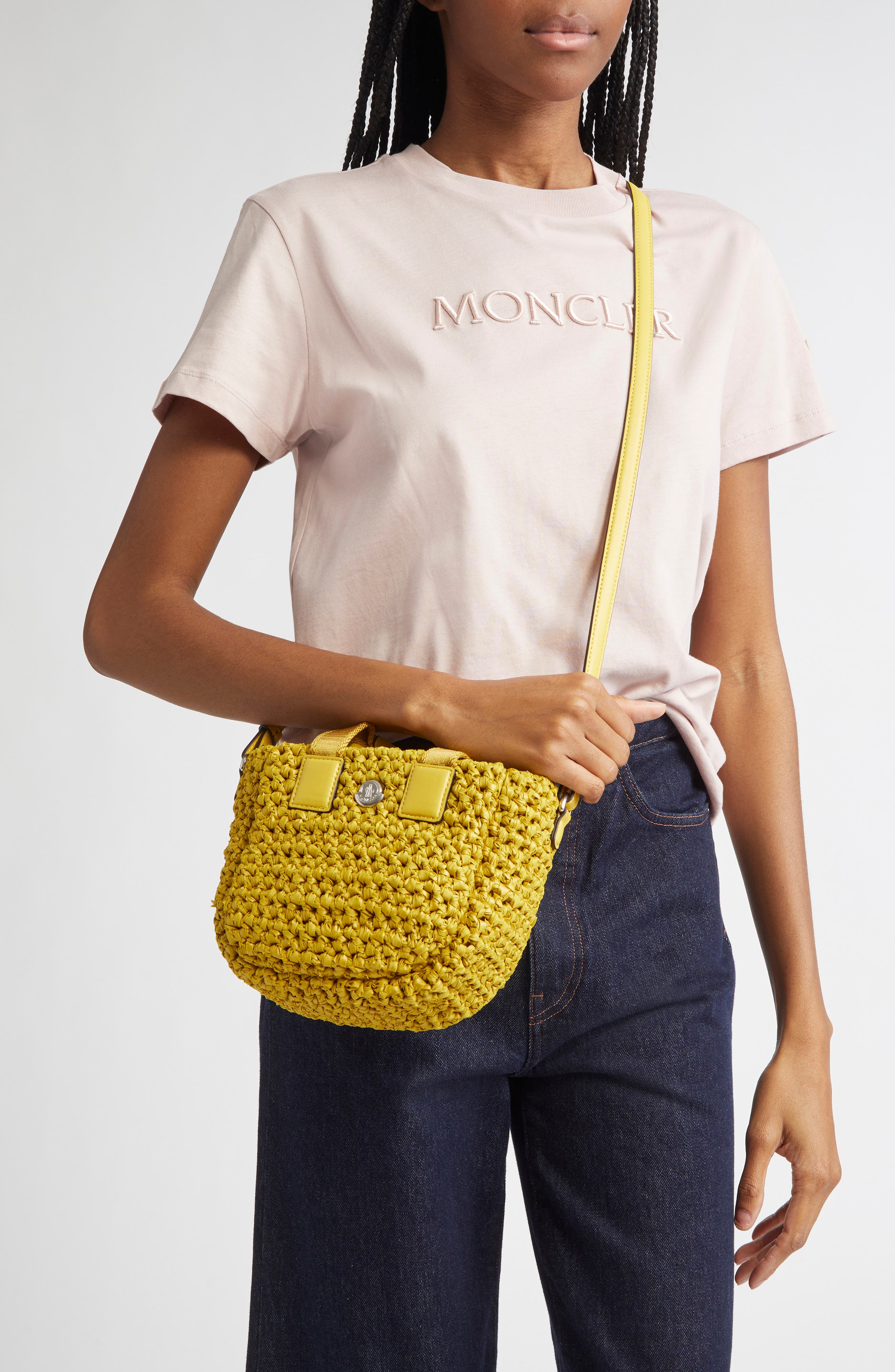 Moncler Micro Caradoc Woven Crossbody Bag, Alternate, color, Yellow Pear