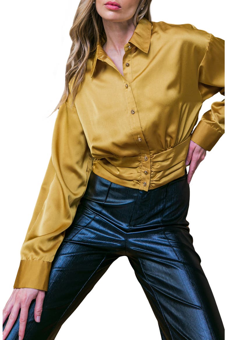 Long Sleeve Satin Crop Button-Up Shirt, Main, color, GOLD