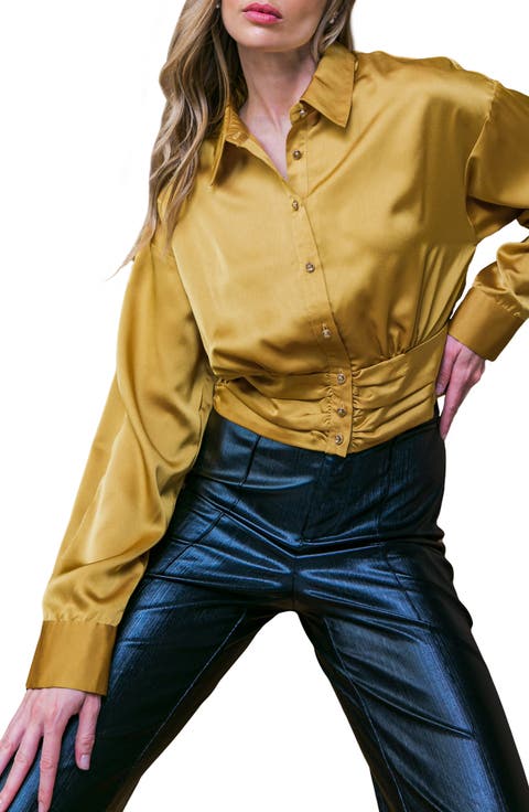 Long Sleeve Satin Crop Button-Up Shirt