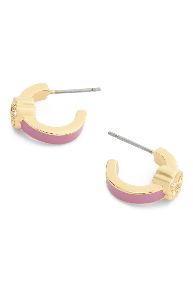 Tea Rose Enamel Huggie Hoop Earrings, Alternate, color, PINK/ GOLD