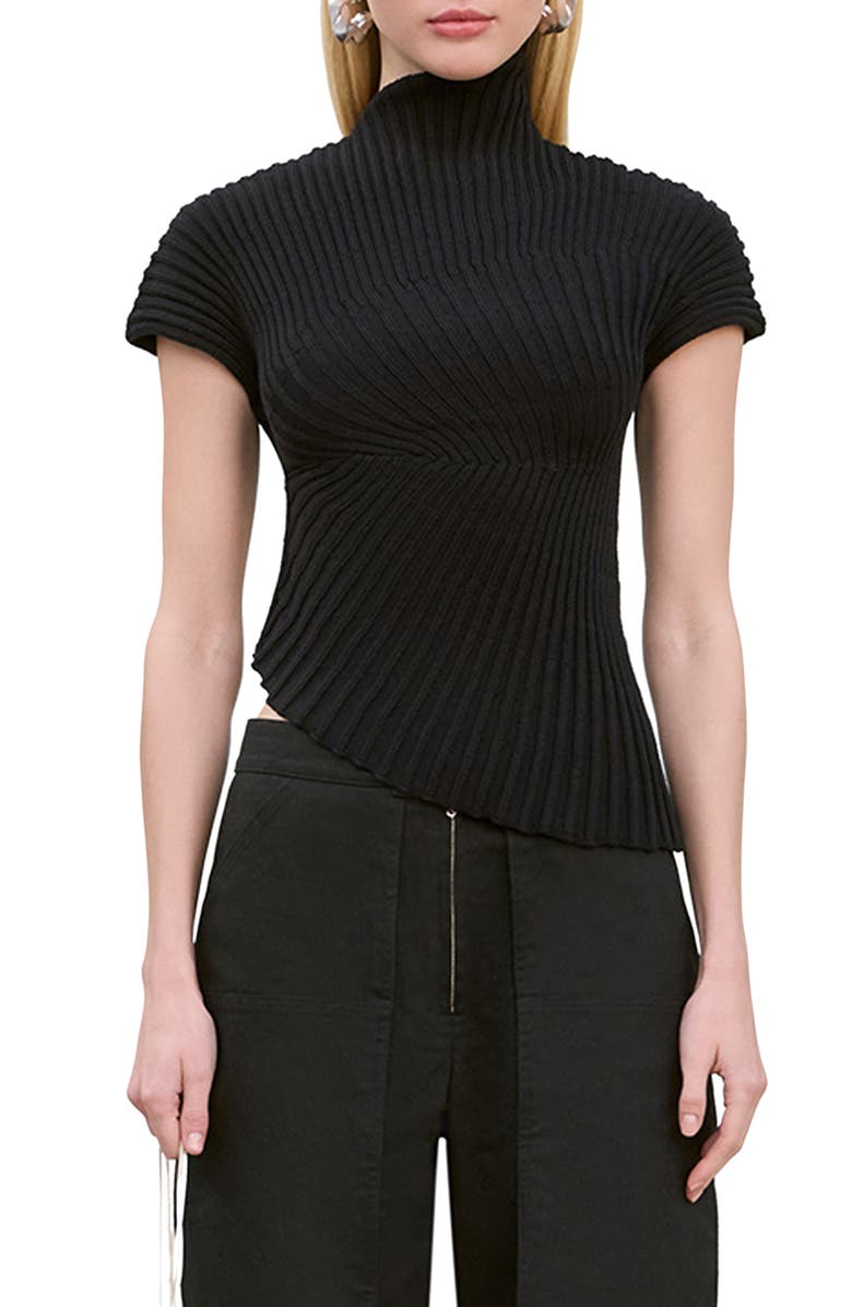 Cult Gaia Annemie Cotton Asymmetric Funnel Neck Knit Top, Main, color, Black