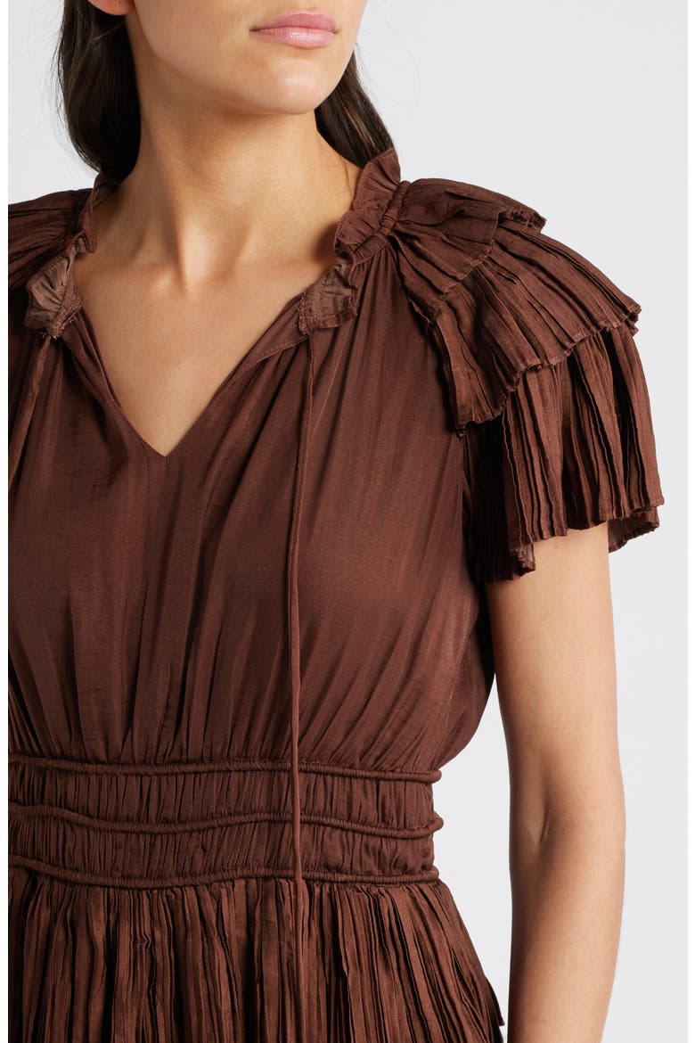 Tiered Plissé Midi Dress, Alternate, color, CHOCOLATE