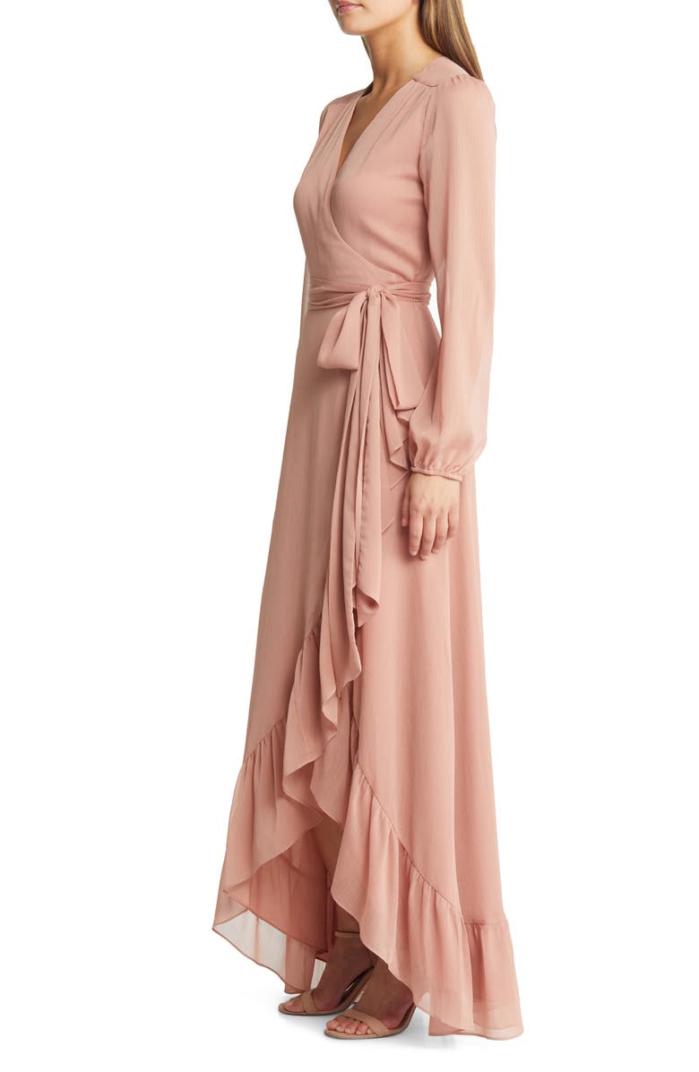 WAYF Meryl Long Sleeve Wrap High-Low Cocktail Dress, Alternate, color, Putty