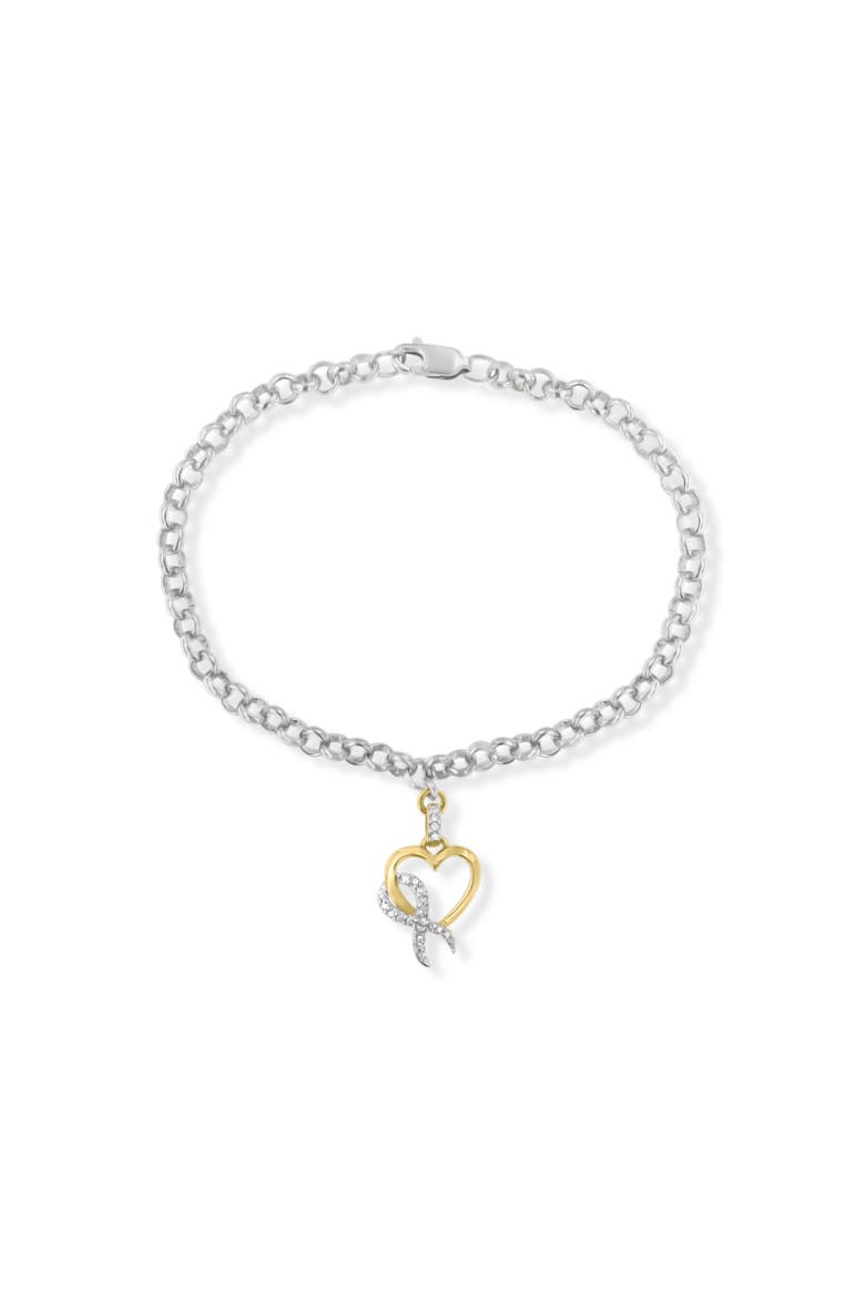 10K Yellow Gold 1/10 Cttw Diamond Ribbon & Heart Charm on Silver Rolo Bracelet, Main, color, Yellow
