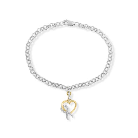10K Yellow Gold 1/10 Cttw Diamond Ribbon & Heart Charm on Silver Rolo Bracelet