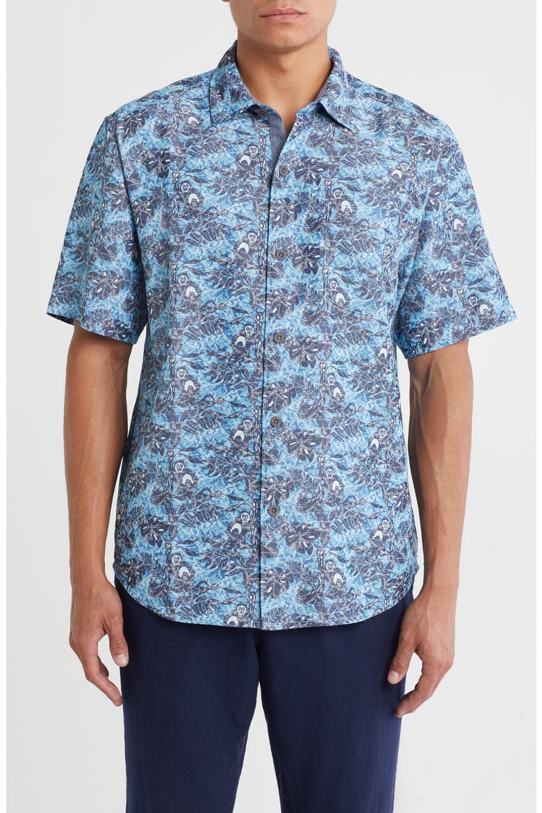 Coconut Point Capuchin Vines Short Sleeve Button-Up Shirt, Main, color, POOL TILE