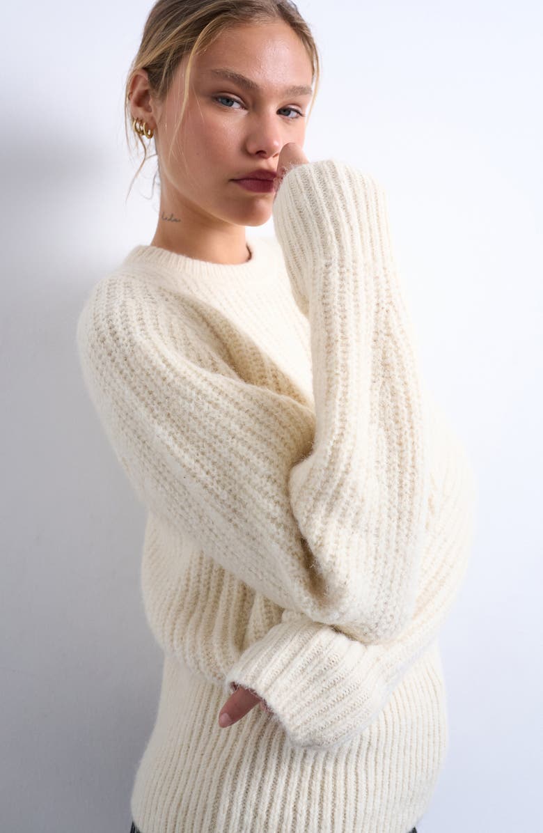 Topshop Rib Puff Sleeve Sweater, Alternate, color, Ivory