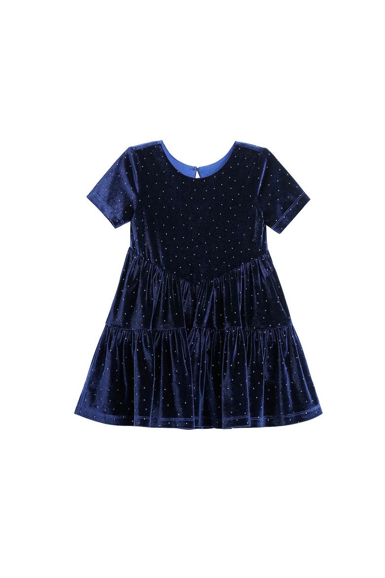 Velvet Dreams Short Sleeve Polka Dot Tiered Skirt Dress, Alternate, color, Navy