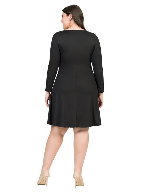 24seven Comfort Apparel Plus Size Classic Long Sleeve  Flared Mini Dress In Black