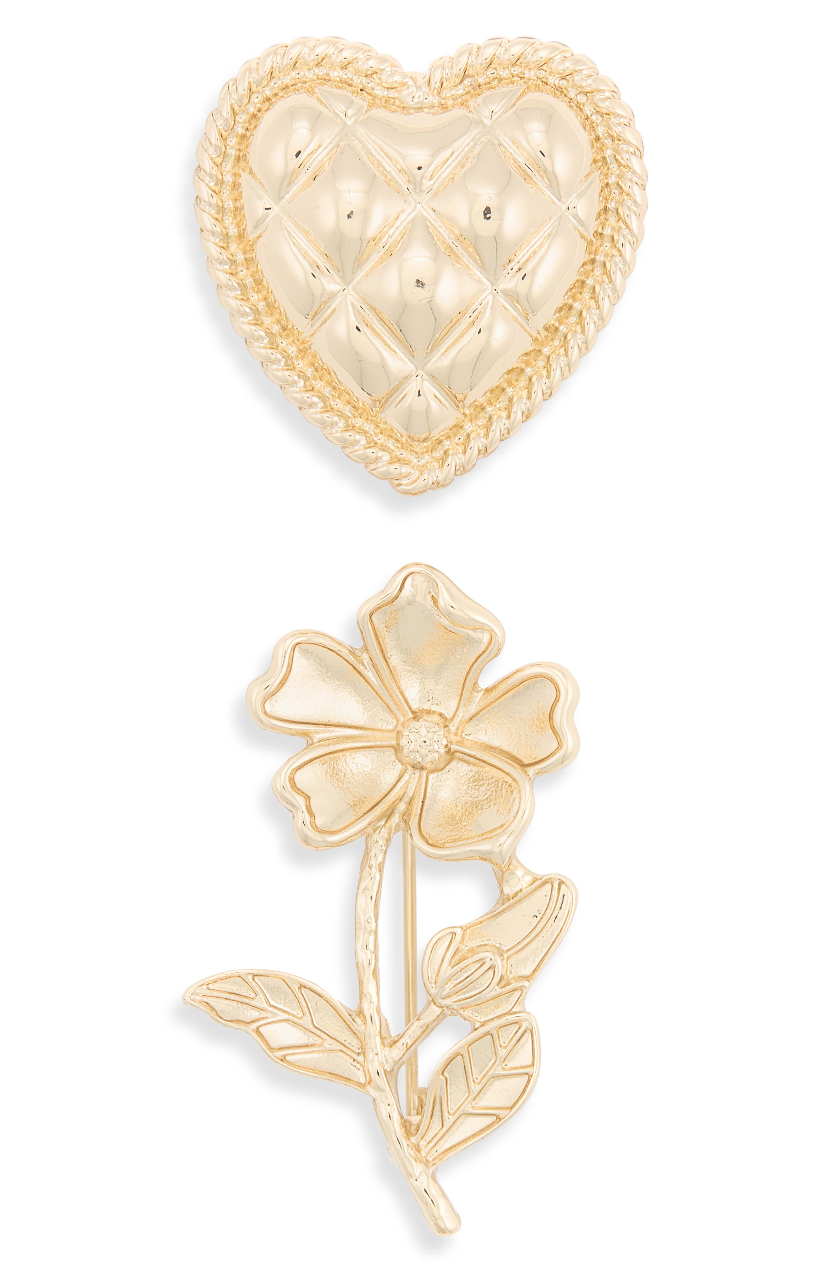 Set of 2 Heart & Flower Brooches