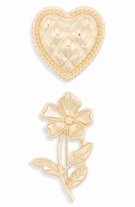 Set of 2 Heart & Flower Brooches