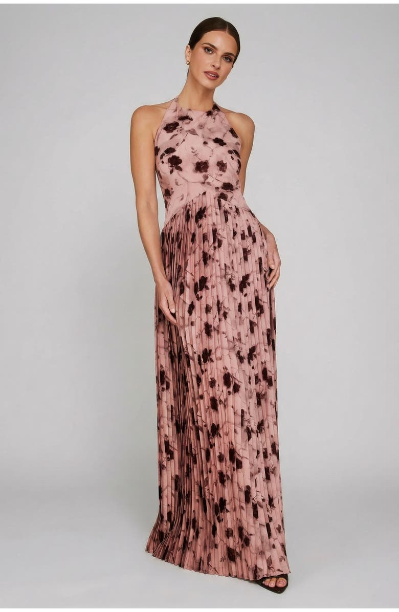 Six Stories Floral Halter Pleated Ruffle Maxi Dress, Main, color, Dusky Pink
