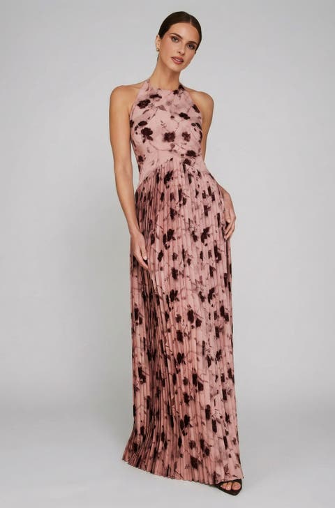Floral Halter Pleated Ruffle Maxi Dress