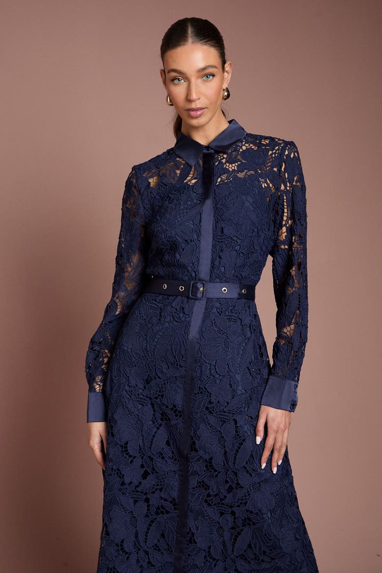 Lace Shirt Long Sleeve Dress, Alternate, color, Navy
