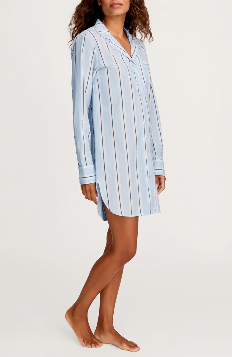 Petite Plume Coastal Stripe Cotton Twill Nightshirt, Alternate, color, Blue