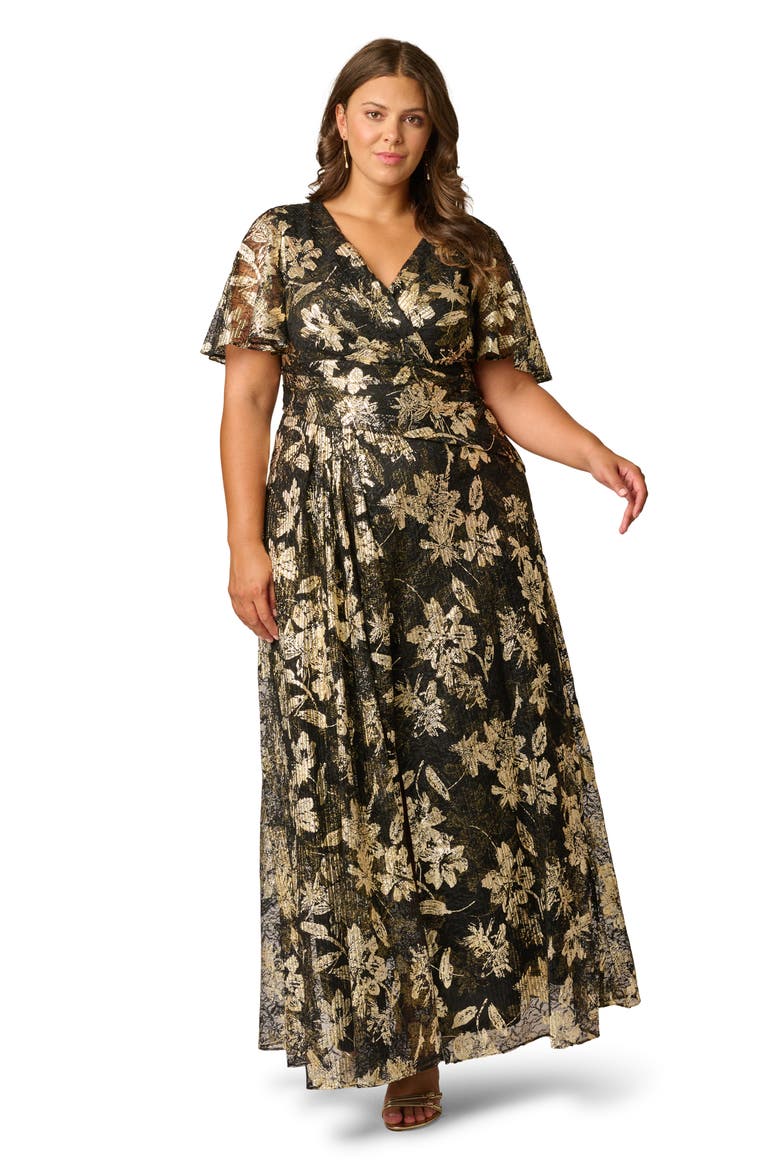 Metallic Floral Lace Gown, Alternate, color, BLACK/ GOLD