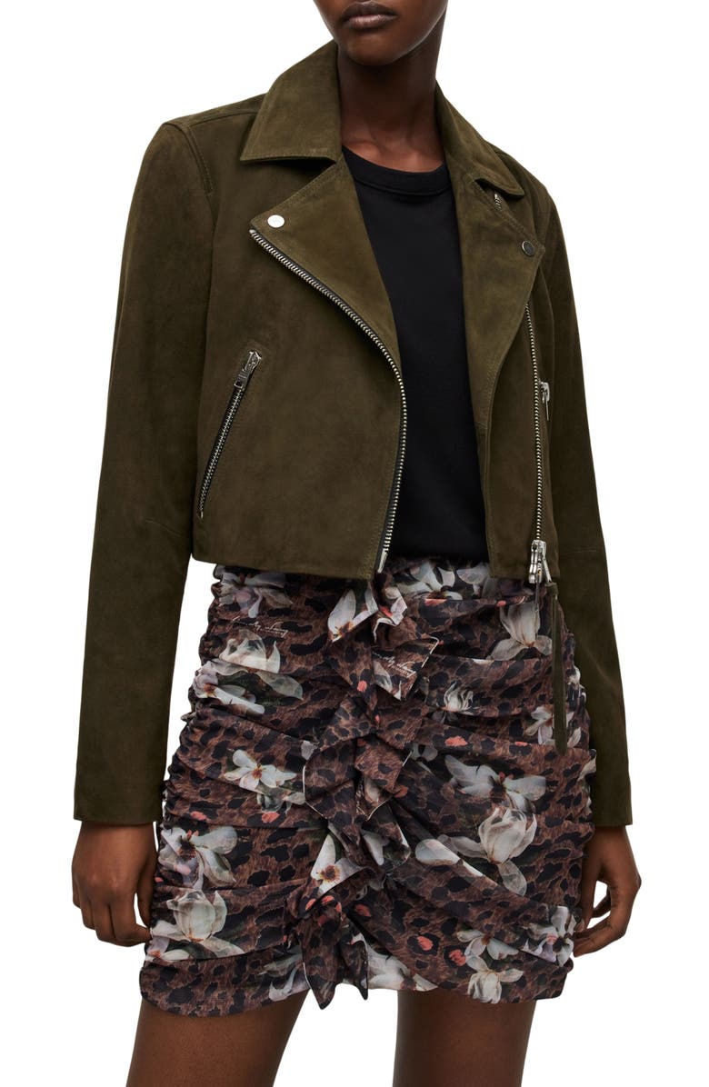AllSaints Dalby Crop Suede Biker Jacket, Main, color,