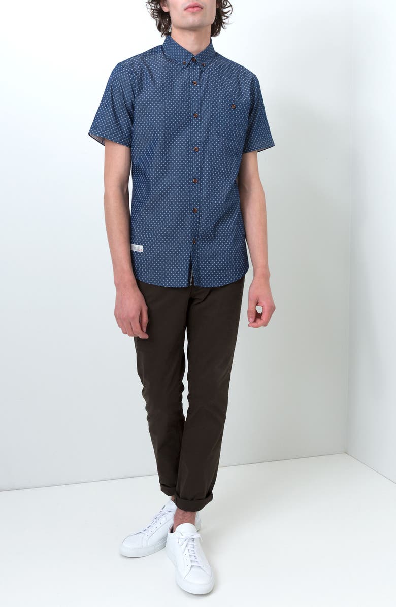 7 Diamonds Livewire Trim Fit Print Short Sleeve Woven Shirt, Alternate, color, Navy