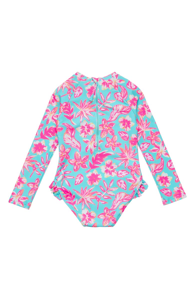 Snapper Rock Kids' Tropical Glow Ruffle Long Sleeve UPF 50+ One-Piece Rashguard Swimsuit, Alternate, color, 