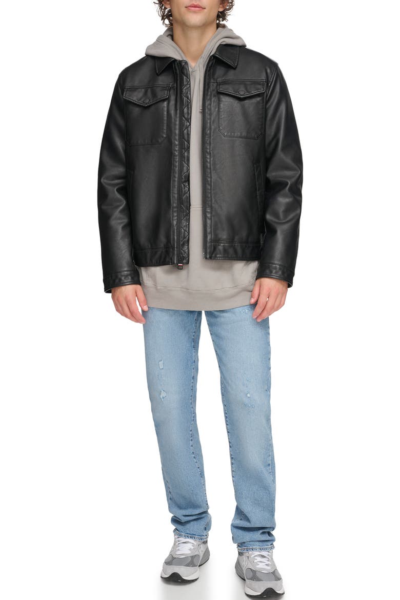 Faux Leather Trucker Jacket, Alternate, color, BLACK