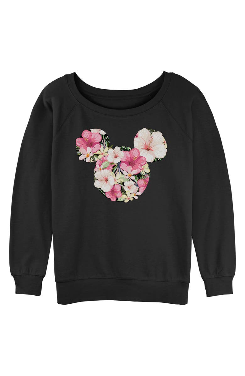 Mickey & Friends Junior's Mickey & Friends Pink Floral Logo  Sweatshirt, Main, color, Black