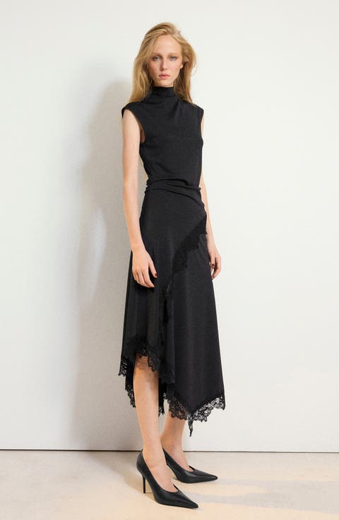 Lace Trim Asymmetric Midi Dress